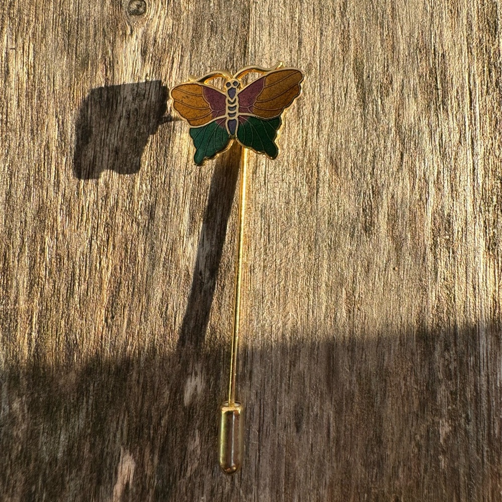 Brown Yellow And Green Butterfly Enamel Goldtone Stick Pin